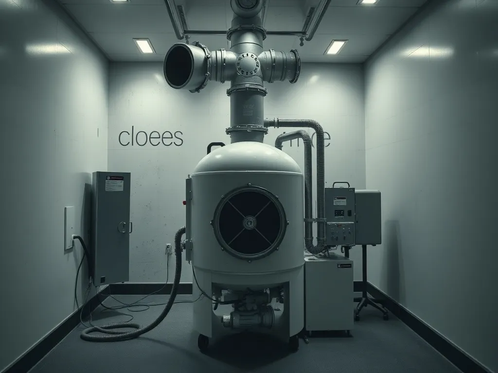 Industrial air scrubber machine in a dim room, professional