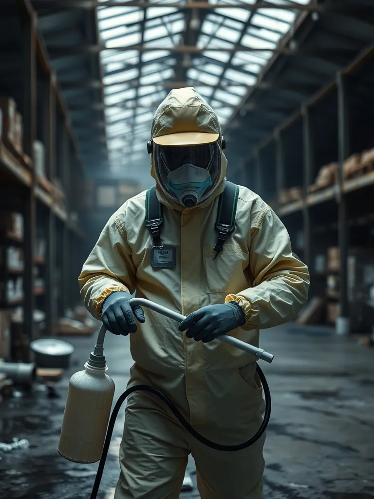 Professional technician in a hazmat suit performing chemical