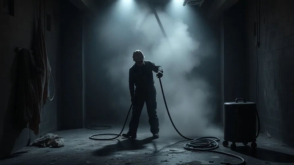 Industrial restoration worker cleaning soot with professiona
