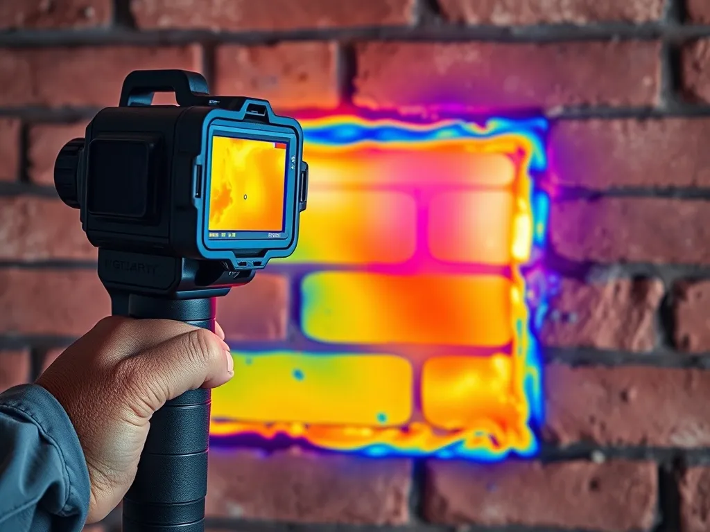 Professional thermal camera showing moisture in a brick wall